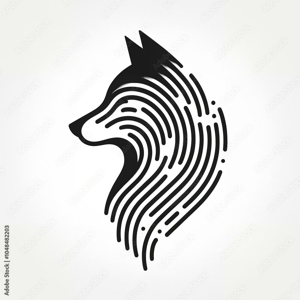 Poster stylized black wolf silhouette with flowing line patterns on a minimalistic background for logo desi