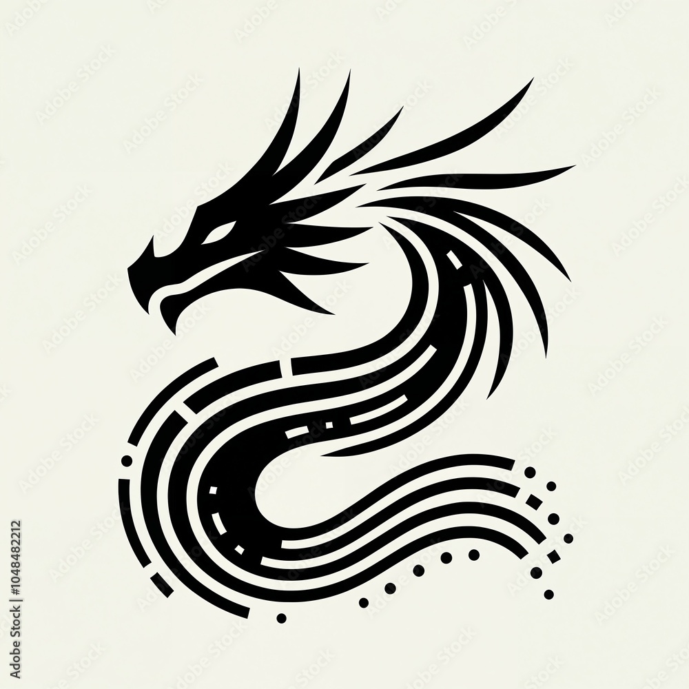 Poster stylized black dragon silhouette with flowing line patterns on a minimalistic background for logo de