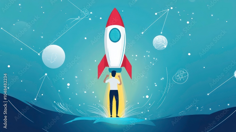 Aufkleber A man standing on a platform, pushing a rocket into space. The rocket is red and white with a blue window. There are stars and planets in the background.