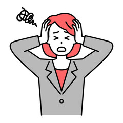 頭を抱えて悩むスーツの女性