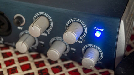 The front of the sound card with various switches. Sound card close-up