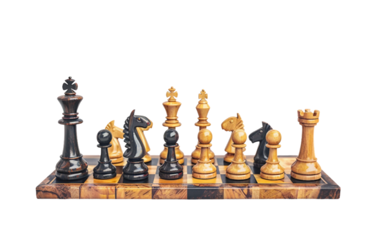 Unique chess set with themed board and specially designed pieces isolated on transparent background