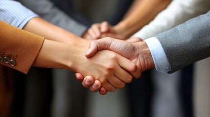This image showcases a close-up of diverse hands from different ethnic backgrounds shaking hands, symbolizing unity and collaboration.