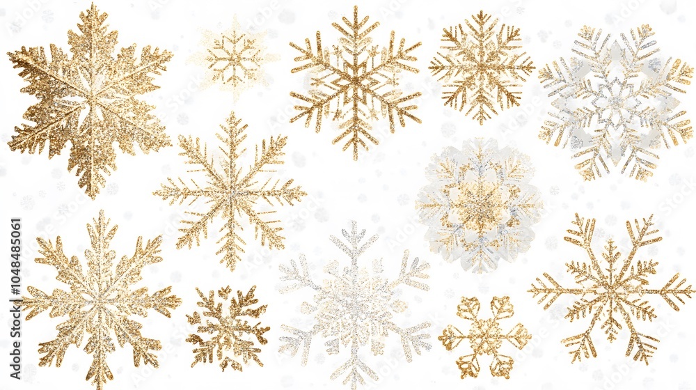 Poster snowflake patterns with glitter, isolated on white or transparent background