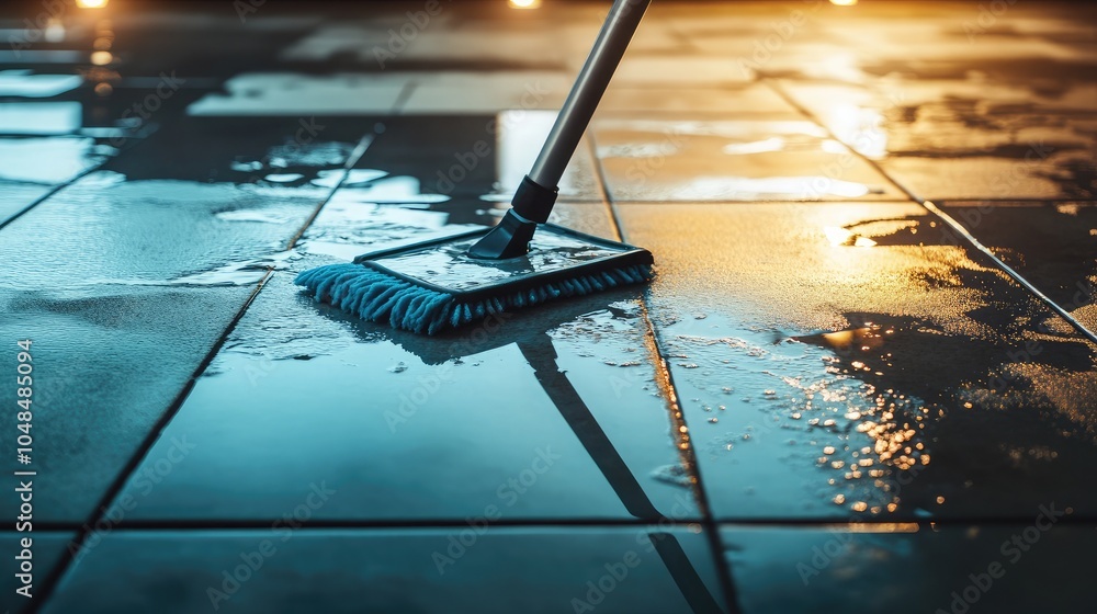 Poster clean wet floor with mop and reflection effect