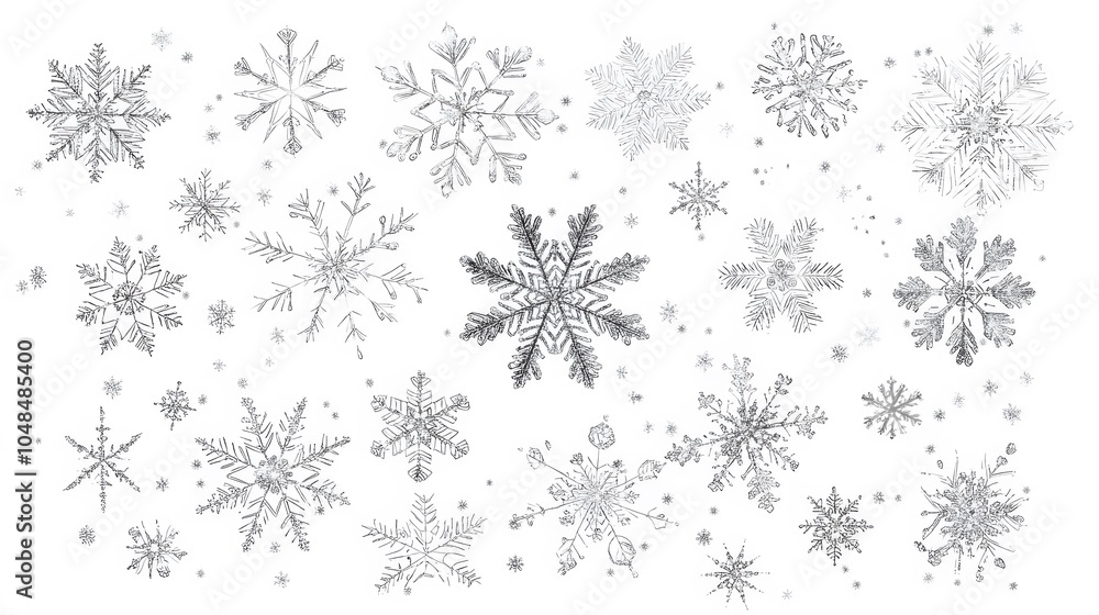 Poster snowflake patterns with glitter, isolated on white or transparent background