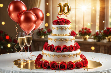 10th wedding anniversary celebration. Wedding cake, champagne and bouquet of rose flower. Romantic background.

