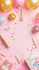 Fototapeta premium Festive Birthday Party Decorations on Pink Background with Balloons and Confetti