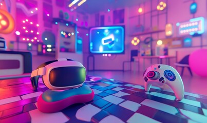 Neon lights, VR headset, gamepad, and futuristic setting.