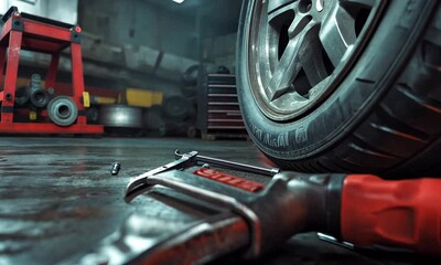 A close-up of a wrench on a garage floor near a tire, showcasing automotive tools.