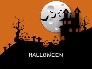 Halloween background with castle , pumpkin graveyard and bats flying. Vector illustration.Halloween celebrate festival 