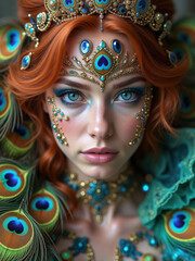 Radiant Goddess with Peacock Motif Crown and Intricate Jewels, Exuding Mystical Elegance and Enchanting Beauty in a Fantasy Portrait