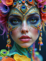Enchanting Goddess Portrait: A Vibrant Fusion of Floral Headdress, Peacock Motifs, and Intricate Golden Details, Capturing Mystical Beauty and Divine Elegance in a Fantasy Realm