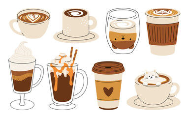 Set of cute Coffee Cups with Latte Art. Collection of coffee drinks with variety latte art heart, leaf, bear, cat, Flower. Cafe Bar or Coffee House Graphics. Vector Illustration, Icons. Isolated 