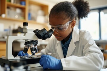 Fototapeta premium A young girl in a lab looking through a microscope - Medical