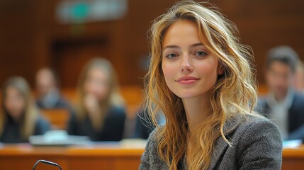 A confident european female student with wavy blonde hair sits in a classroom, engaging with her surroundings during a lecture.
