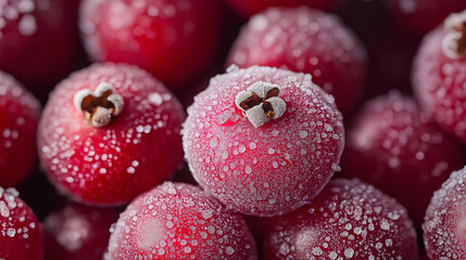 Frozen Cranberries Close Up: A macro shot of glistening, frost-covered cranberries, their vibrant red color popping against a subtle background.  Perfect for food blogs, recipe websites.