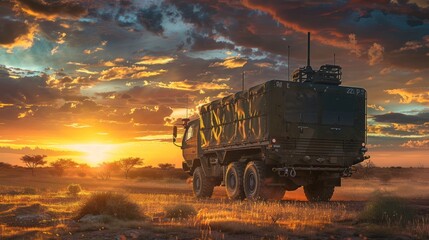 Fototapeta premium Military Truck at Sunset in a Desert Landscape