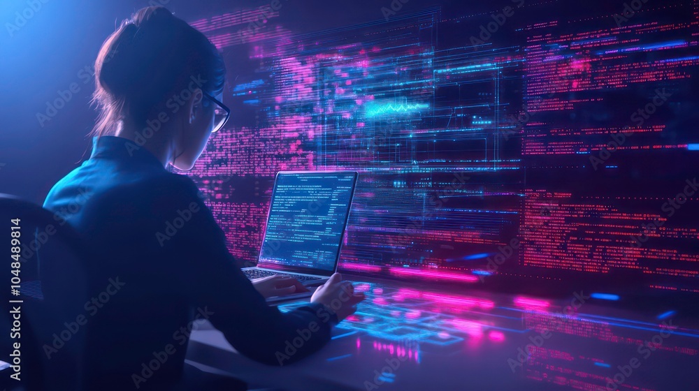 Leinwandbilder a female programmer sits in front of a laptop surrounded by lines of code, working late at night to 