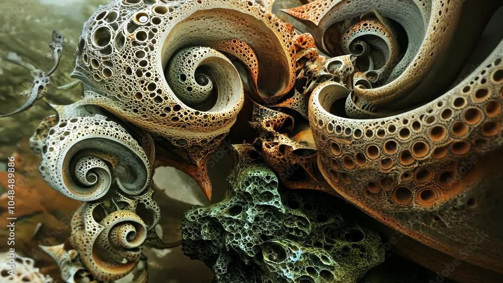 Poster a close-up view of a digitally created, abstract fractal featuring a swirling, intricate design in s