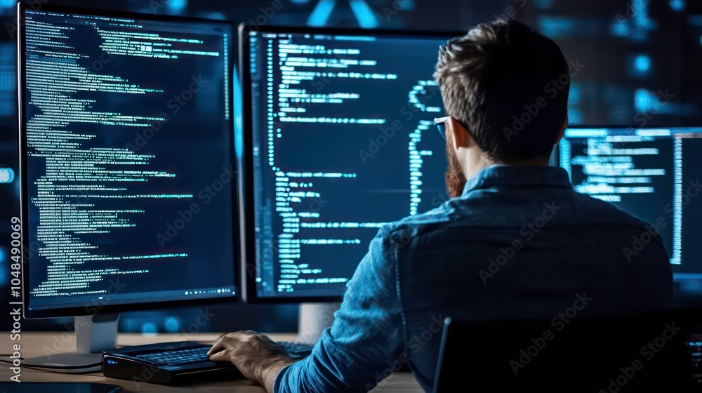 Aufkleber A programmer working late at night, focused on coding on his dual monitors.