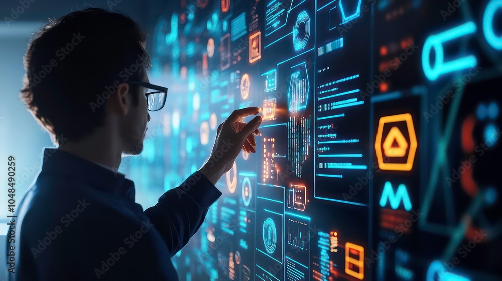Leinwandbilder a man in glasses interacts with a futuristic digital interface, showcasing data analysis, analytics,