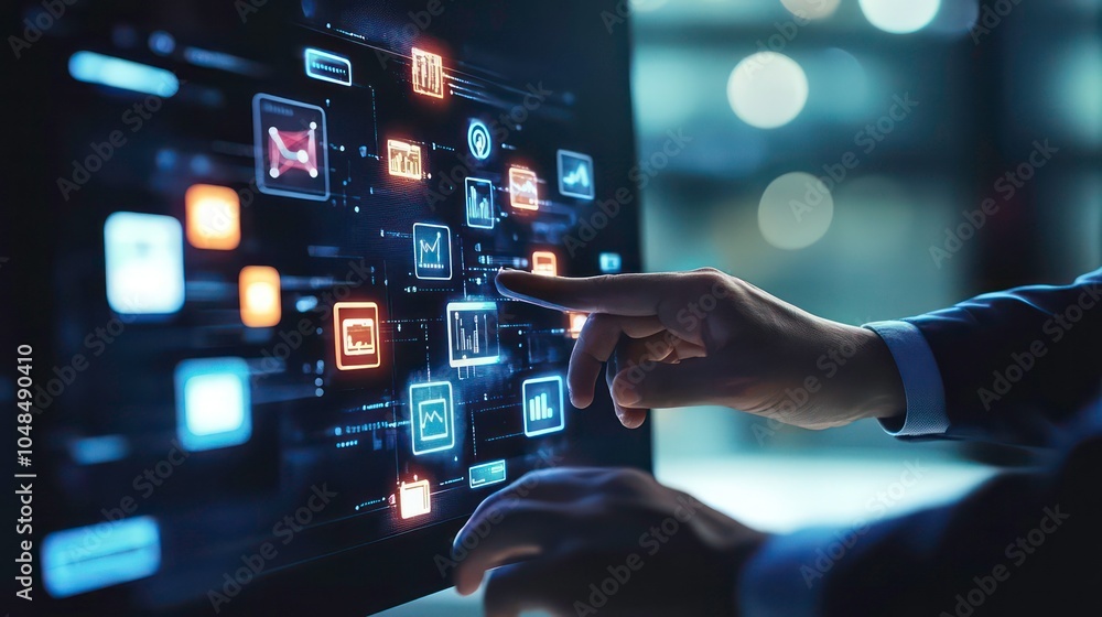 Aufkleber A hand reaches out to touch a digital interface filled with icons, representing data and information flow.