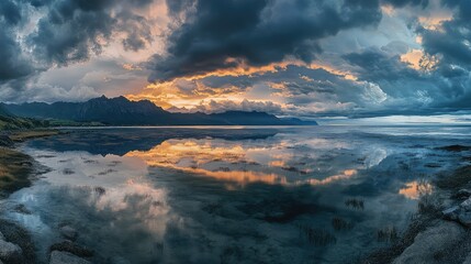 A dramatic sky over a tranquil bay, with storm clouds rolling in and their dark reflections mirrored on the water's surface