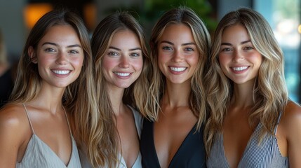Fototapeta premium Four young women with light features and long hair smile broadly together in a casual setting, showcasing friendship and joy. Their outfits vary in style.