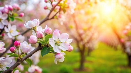 Fototapeta premium Tranquil orchard with soft close-up of pink and white blooms
