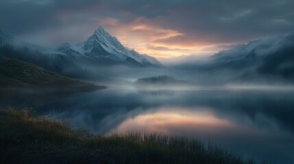 Fototapeta premium Early morning light casts a soft glow over a lake, mirroring the snow-capped peaks in the background, with a few wisps of fog lingering over the water