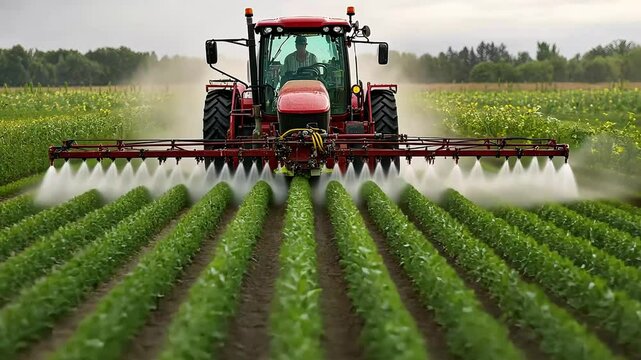 A red tractor sprays crops in a field, showcasing agricultural practices for pest control and crop management.