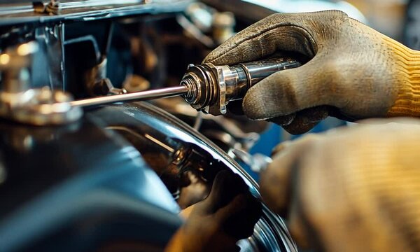 A mechanic using a ratchet tool to work on a vehicle's engine components.