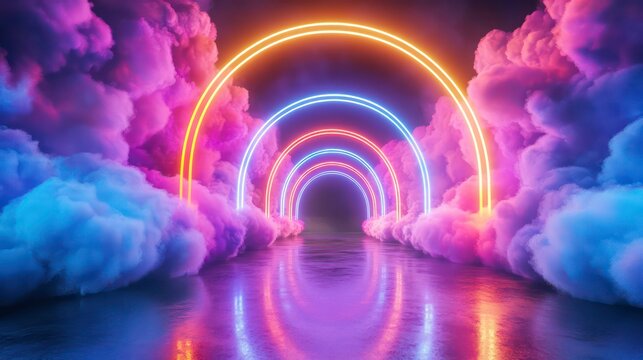 A row of neon arches glow brightly in the distance, surrounded by a swirling cloud of pink and blue smoke. The arches are reflected in a wet, dark surface.