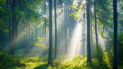 Fototapeta premium Morning mist lingering in a dense forest, with bright beams of sunlight filtering through the trees, creating a warm, peaceful atmosphere. Real photo, stock photography.