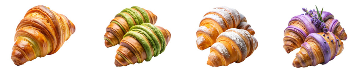 Different flavors of croissants pumpkin matcha lavender with PNG background