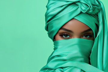Naklejka premium A woman wearing a green scarf with her eyes covered