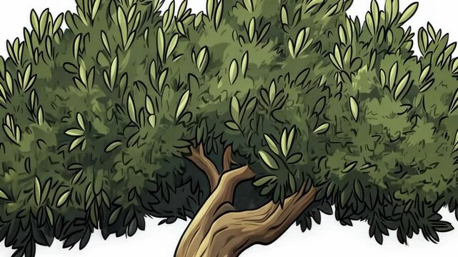 A detailed illustration of a large, green olive tree with thick branches and lush leaves