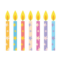 Birthday star candles vector illustration on white background. Vector colorful candle used on birthday cake. Can be used in educational books.