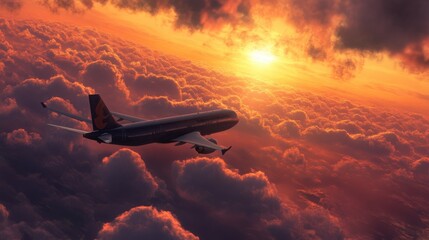 A commercial airplane flying high in the sky during a vibrant sunset