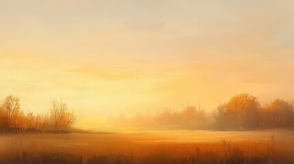 A glowing morning sky with warm amber and peach tones, casting a soft, golden light over a peaceful rural landscape