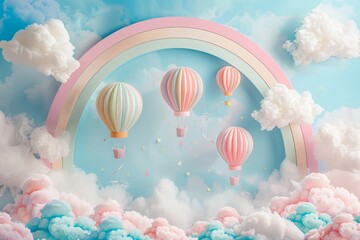 Colorful hot air balloons float under a pastel rainbow in a whimsical sky filled with fluffy clouds in a dreamlike setting