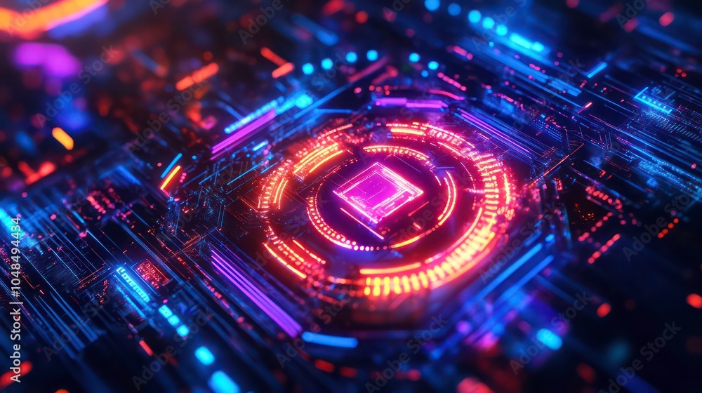 Aufkleber abstract glowing circuit board with a central processor surrounded by neon lights.