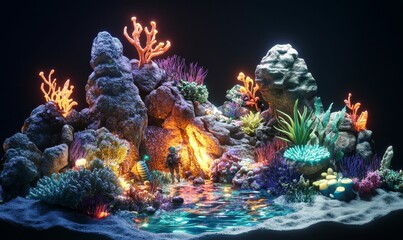 Fototapeta premium Glow-in-the-dark coral reef with underwater explorer.