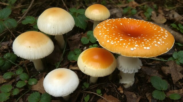 Close-up of a group of mushrooms in the forest