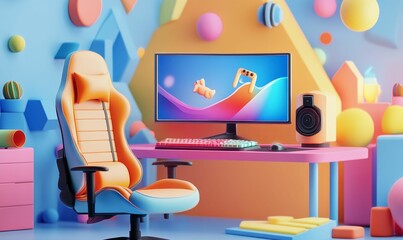 A colorful gaming setup with a chair, monitor, keyboard, and