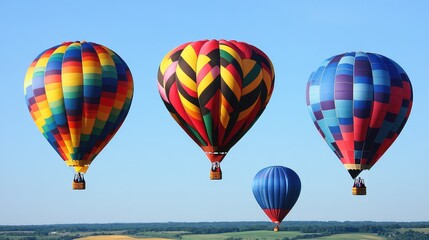 Fototapeta premium A group of hot air balloons in a bright midday sky, their vibrant colors contrasting with the deep blue of the atmosphere above a patchwork of fields