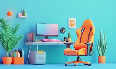 Fototapeta premium Modern gaming setup with orange chair and desk.