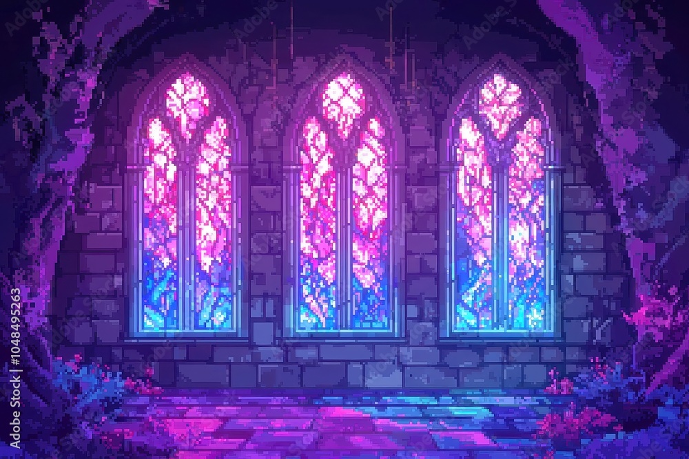 Poster intricate stained glass artistry in hidden chapel spaces, vibrant colors and patterns illuminating s
