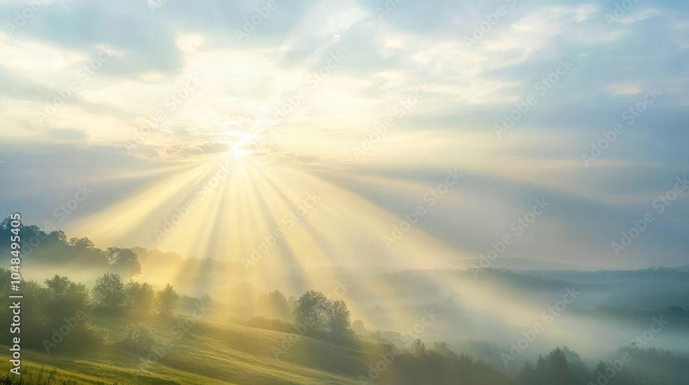 Poster a hazy sky with diffused sunlight barely breaking through the light fog, casting a gentle glow over 
